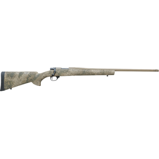 Camouflage-pattern bolt-action hunting rifle in profile with a long barrel