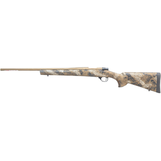 Camouflage-pattern hunting rifle with a long barrel and fixed stock, laid out horizontally.