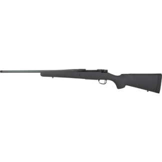 Bolt-action rifle in profile with a long barrel and black synthetic stock.