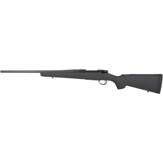 Side view of a bolt-action rifle with a long barrel and black stock.