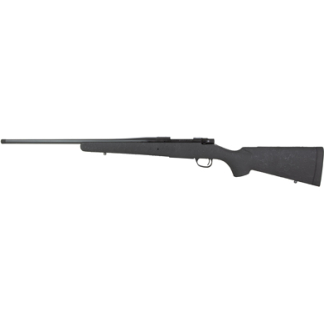 Long-barreled bolt-action rifle with black synthetic stock, shown in profile on a white background.