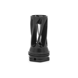 Black vented muzzle brake for a rifle, with side ports and cylindrical shape