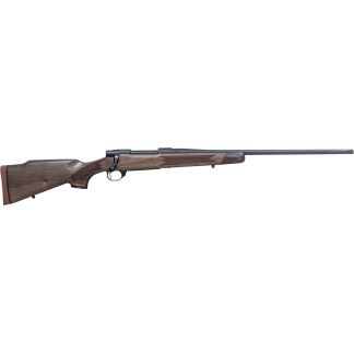 Bolt-action rifle with a wooden stock and long steel barrel, shown in profile