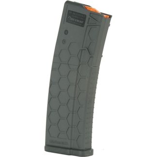 Polymer handgun magazine with a hexagonal honeycomb pattern and an orange follower at the top.