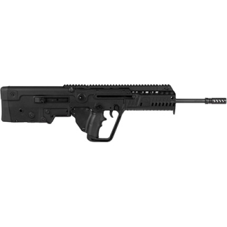 Black modular rifle with long barrel, quad-rail handguard, and vertical foregrip on a white background.