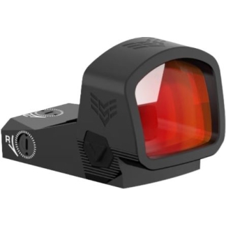 Black reflex red-dot sight with orange lens, designed for mounting on firearms