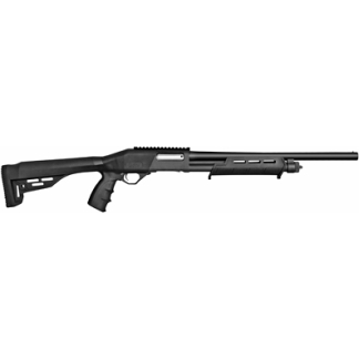 Black pump-action shotgun with a polymer stock and forend, long barrel, shown from the side.