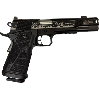 Close-up of a black semi-automatic pistol with mountain-engraved slide, one-piece textured grip, and a muzzle to the right.