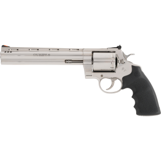 Side view of a silver Colt Kodiak .44 Magnum revolver with a black textured grip.
