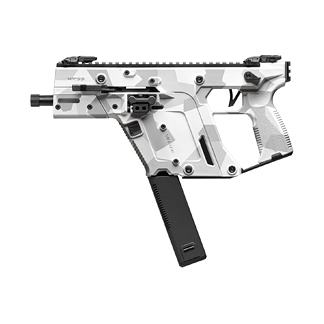 Futuristic white-and-gray semi-automatic pistol with a top rail and a downward-extending magazine.