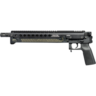 Black tactical firearm: compact semi-automatic rifle with long perforated forearm, top Picatinny rail, and textured pistol grip in profile.