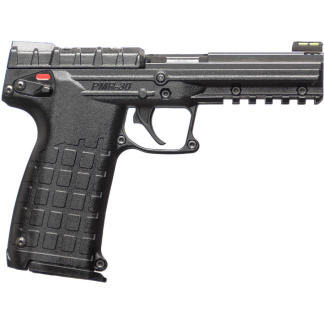 Side view of a black semi-automatic pistol with a textured grip and accessory rail on top.