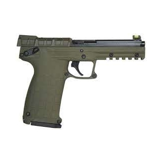 Olive-drab semi-automatic handgun with a long top Picatinny rail, shown in side view.
