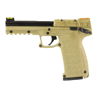 Desert tan semi-automatic pistol shown in side profile with a black rail and sights.