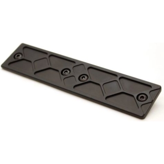 Black rectangular plastic mounting plate with recessed geometric pattern and three screw holes on a white background.