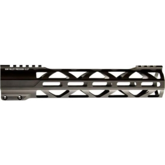 Black AR-15 style rifle handguard with multiple geometric cutouts and top rail for accessory mounts.