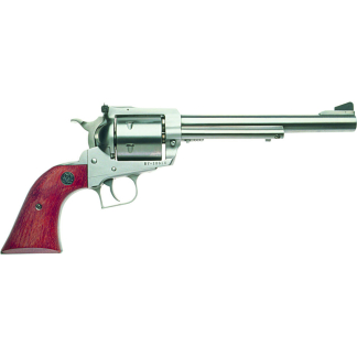 Silver single-action revolver with wooden grip on a white background as the main subject.