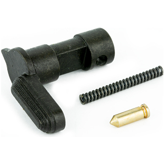 Disassembled mechanical parts: a black plastic lever, a metal coil spring, and a brass pin.
