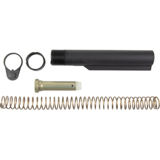 Disassembled metal components: a long black cylindrical tube, two circular clamps, a brass-tipped pin, and a long coil spring.