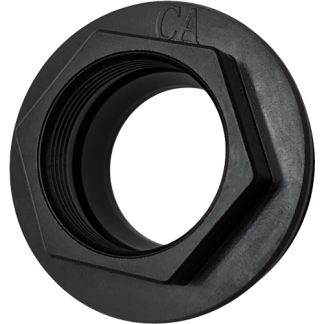 Black circular lock nut with internal threads and a large central bore in a hex-like profile