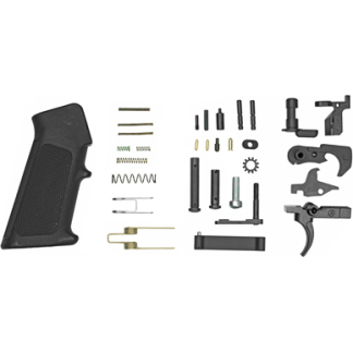 Disassembled semi-automatic pistol showing the grip on the left and various internal components (springs, pins, pins, barrels, triggers) laid out in organized groups.