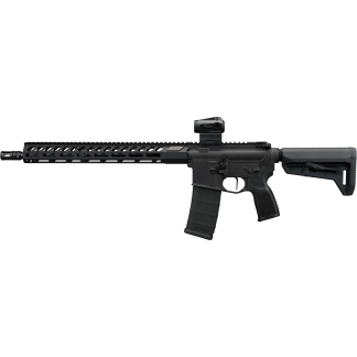 Black semi-automatic rifle with accessory rail, red-dot sight, adjustable stock and 30‑round magazine.