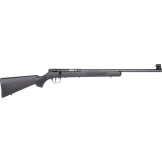 Black bolt-action rifle with a long barrel resting on a white background.