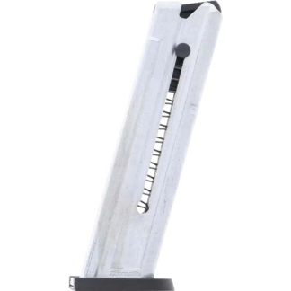 Metal handgun magazine with several rounds loaded, shown at an angle from the side