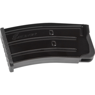 Black curved firearm magazine (ammo magazine) used to feed rounds into a gun.