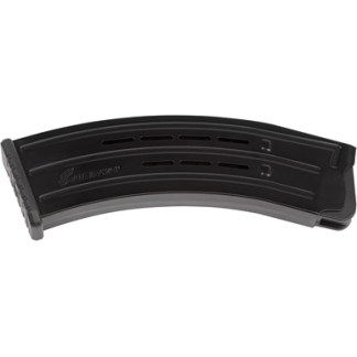 Curved black polymer rifle magazine shown from the side (informational/functional image).