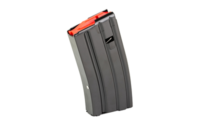 MGGO810091157640_1 | ATFirearms Black curved firearm magazine with an orange follower showing at the top, standing upright.