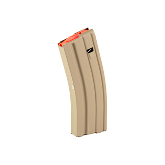Tan curved rifle magazine with orange follower visible at the top, ready to load ammunition
