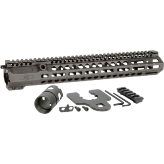 Modular rifle handguard with top Picatinny rail and cutout sides, plus installation hardware and wrenches shown below