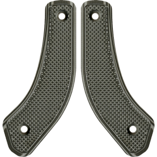 Pair of black, textured curved grip panels each with two mounting holes