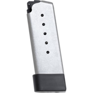 Silver handgun magazine with a black baseplate, viewed at an angle showing five round-count holes along the side.