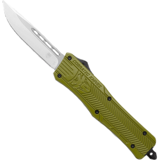 Olive green folding knife with a textured ridged handle and a deployed silver blade.