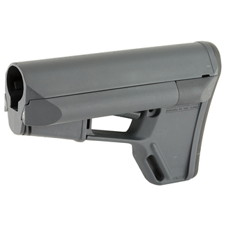 Gray adjustable rifle buttstock accessory viewed from the side