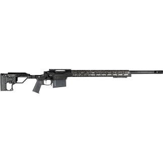 Long-barreled tactical rifle with a camo-pattern handguard and black magazine, shown in profile on a white background, ready for action.