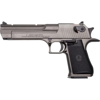 Desert Eagle semi-automatic pistol with gray slide and black grip, shown in profile.