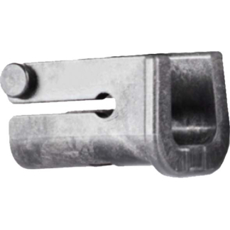 Close-up of a metallic latch-like component with a sliding plate and a round knob on the left, a small cutout and a hollow right end.
