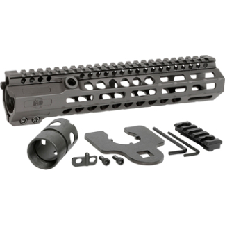 AR-15 free-floating handguard with mounting hardware and tools (rail sections, barrel nut, wrenches, screws) for installation.