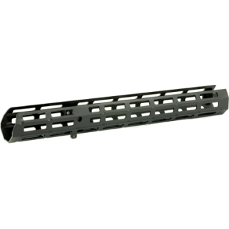 Long black rifle handguard with rectangular slots along its length.