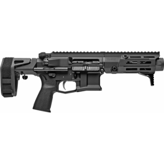 Black modern tactical rifle with an adjustable stock, pistol grip, and long modular handguard with accessory rails.