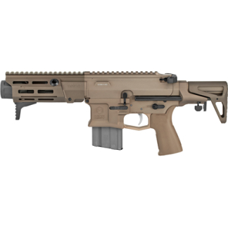 Tan modular assault rifle with a quad-rail fore-end, collapsible stock, pistol grip, and a magazine inserted.