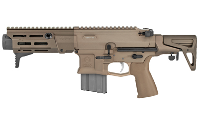 MXM-47806_1 | ATFirearms Tan modular assault rifle with a quad-rail fore-end, collapsible stock, pistol grip, and a magazine inserted.