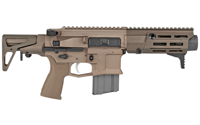 MXM-47806_2 | ATFirearms Tan AR-style assault rifle with a detachable magazine and adjustable stock on a white background