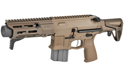 MXM-47806_3 | ATFirearms Tan modern sporting rifle with a rail-equipped fore-end, vertical grip, and a detachable box magazine, shown from the right side.