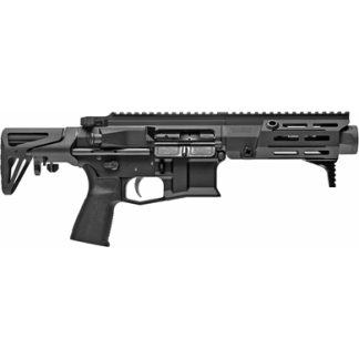 Black semi-automatic rifle with a collapsible stock and modular handguard shown in profile on a white background.