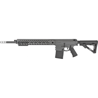 AR-15 style semi-automatic rifle with a long rail handguard and a detachable magazine attached to the underside of the receiver.