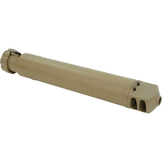 Tan cylindrical firearm accessory with a knurled end and multi-port muzzle, likely a suppressor or barrel adaptor.